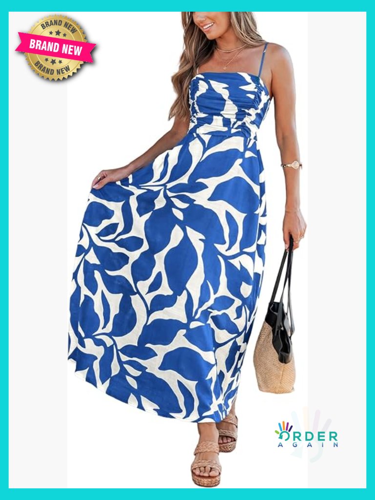 Ruched Maxi Dress Spaghetti Strap Abstract Print High Waist A-Line Flowy